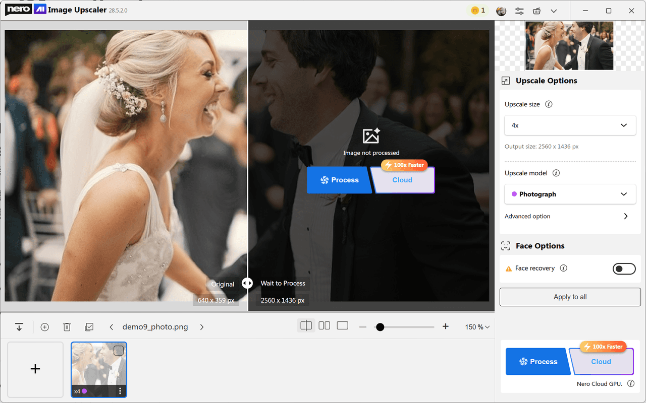 Светлая тема интерфейса Nero AI Image Upscaler с панелью параметров справа