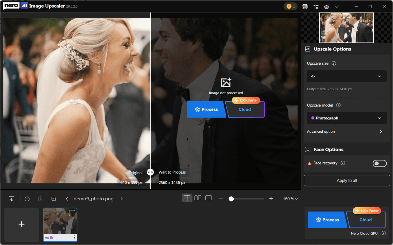Тёмная тема интерфейса Nero AI Image Upscaler с тем же расположением команд