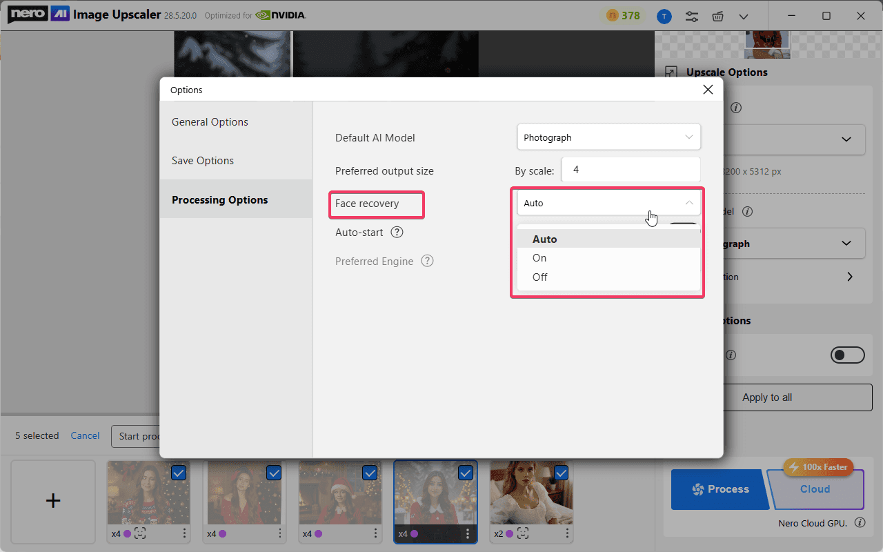Processing Options с Face recovery в режиме Auto, моделью по умолчанию и настройками запуска
