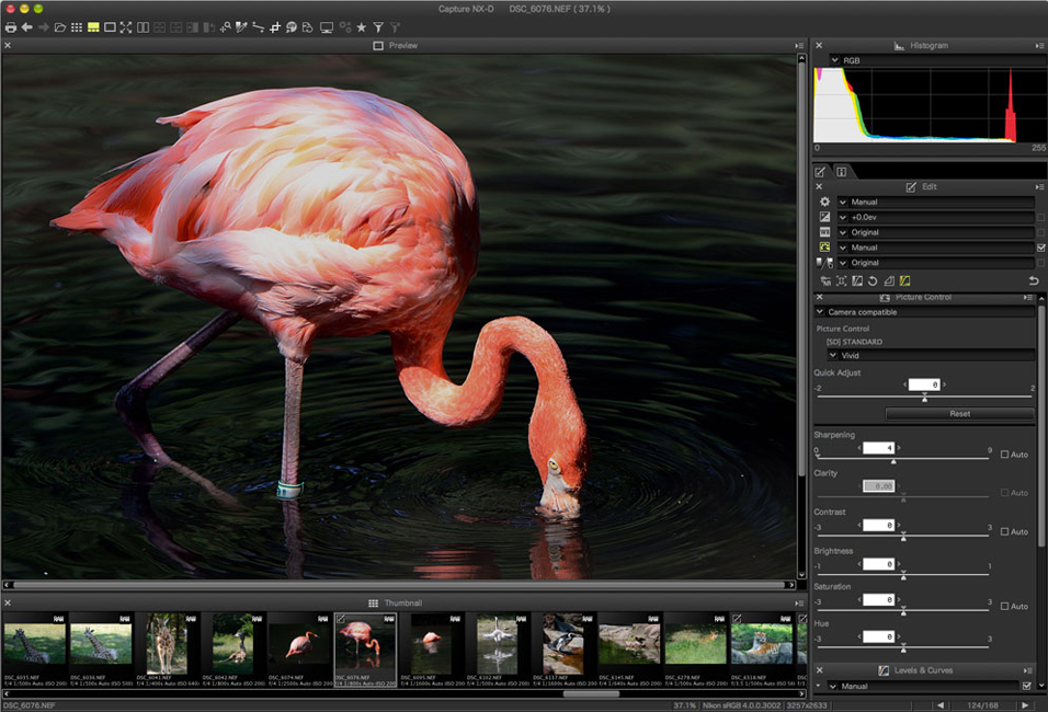 Главное окно Capture NX-D с фотографией фламинго, гистограммой, панелью Picture Control и лентой миниатюр