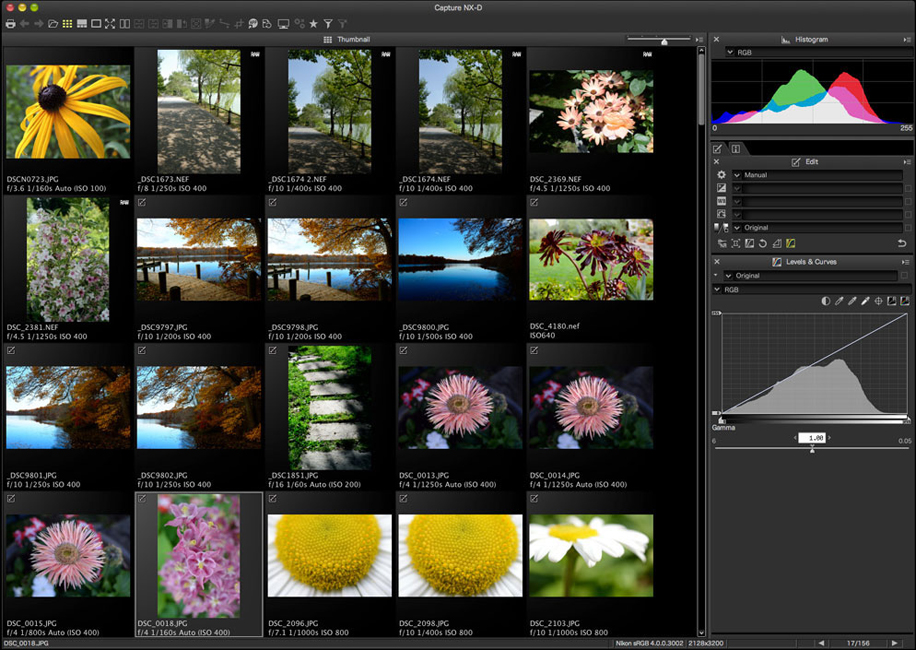 Сетка миниатюр фотографий в Capture NX-D с гистограммой и панелью Levels & Curves справа
