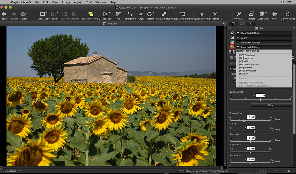 Раскрытый список Picture Control в Capture NX-D рядом с цветной фотографией поля подсолнухов