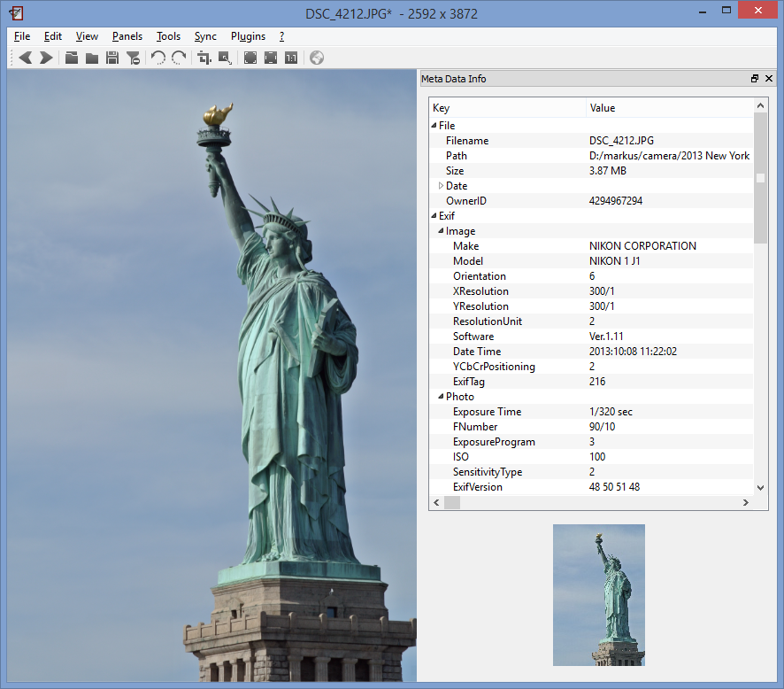 Панель Meta Data Info с EXIF-параметрами фотографии в nomacs