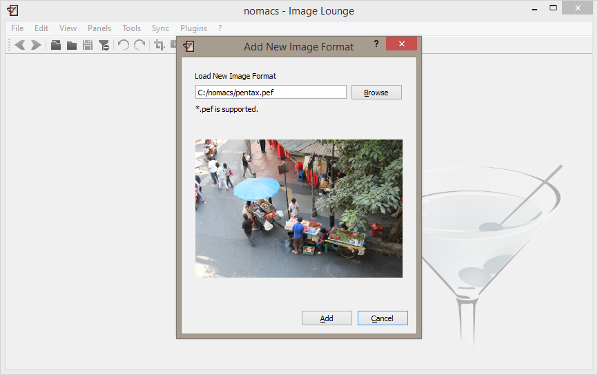 Диалог Add New Image Format с тестовой загрузкой файла PEF