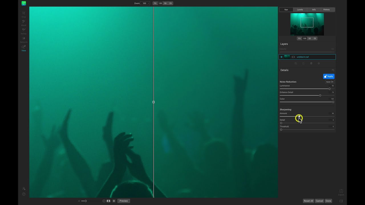 ON1 NoNoise AI при работе с фотографией, переданной из Adobe Lightroom Classic.