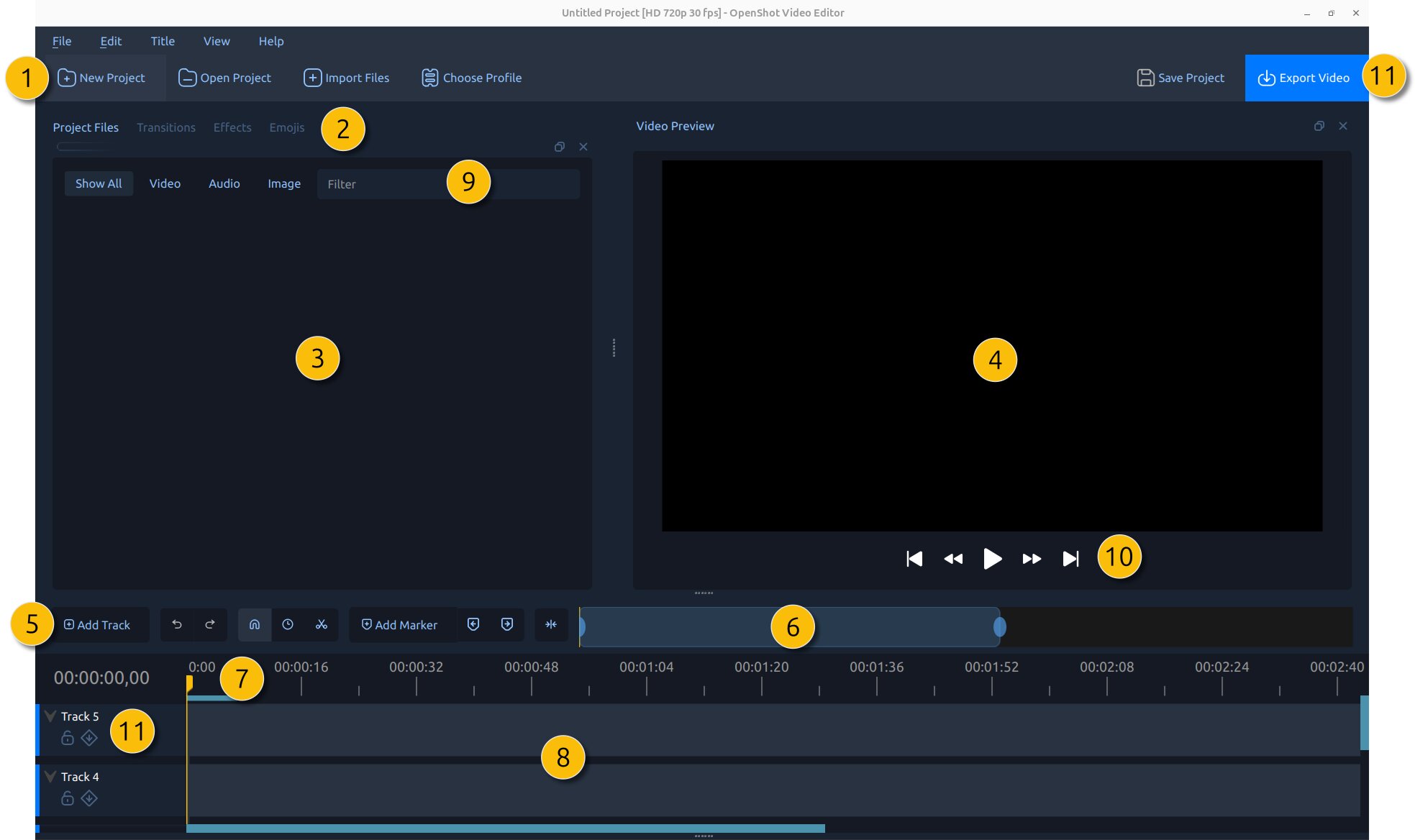 Главное окно OpenShot с медиатекой, предпросмотром и таймлайном
