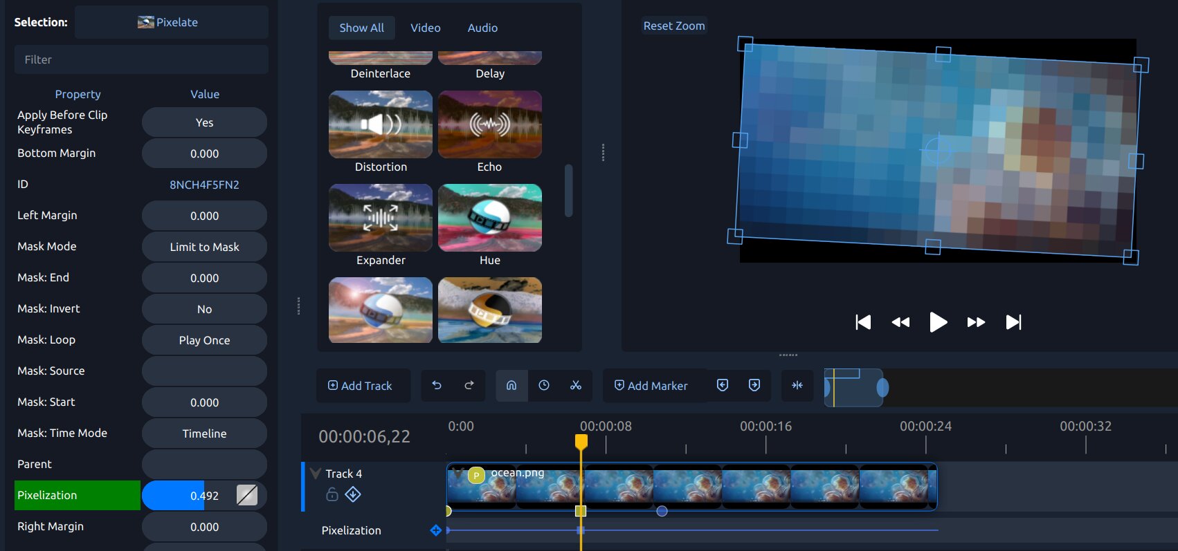 Эффект Pixelate в OpenShot и его параметры маски на видеоклипе