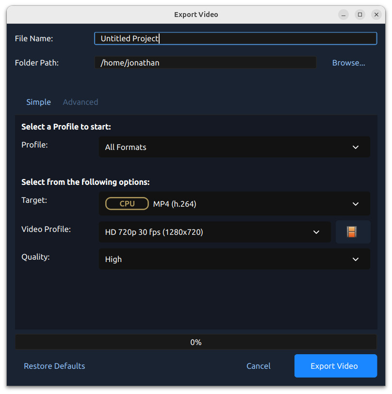 Простой режим экспорта OpenShot с выбором формата, профиля и качества