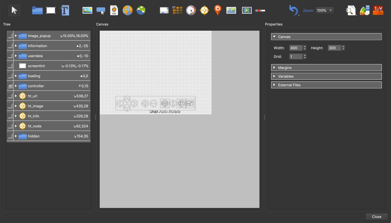 Skin Editor Pano2VR с деревом элементов, Canvas и панелью Properties