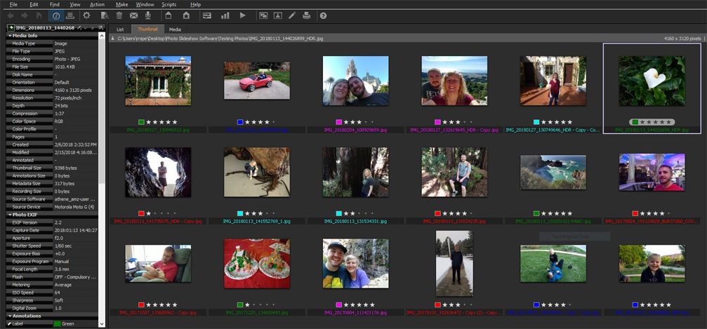 Сетка миниатюр Phase One Media Pro с рейтингами, цветными метками и панелями Media Info и EXIF