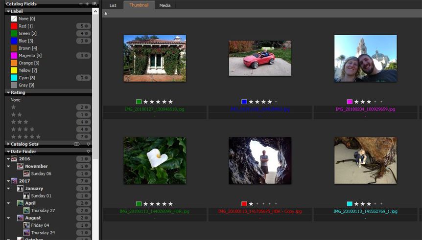 Панель Catalog Fields с цветными метками, рейтингами, Catalog Sets и Date Finder рядом с миниатюрами