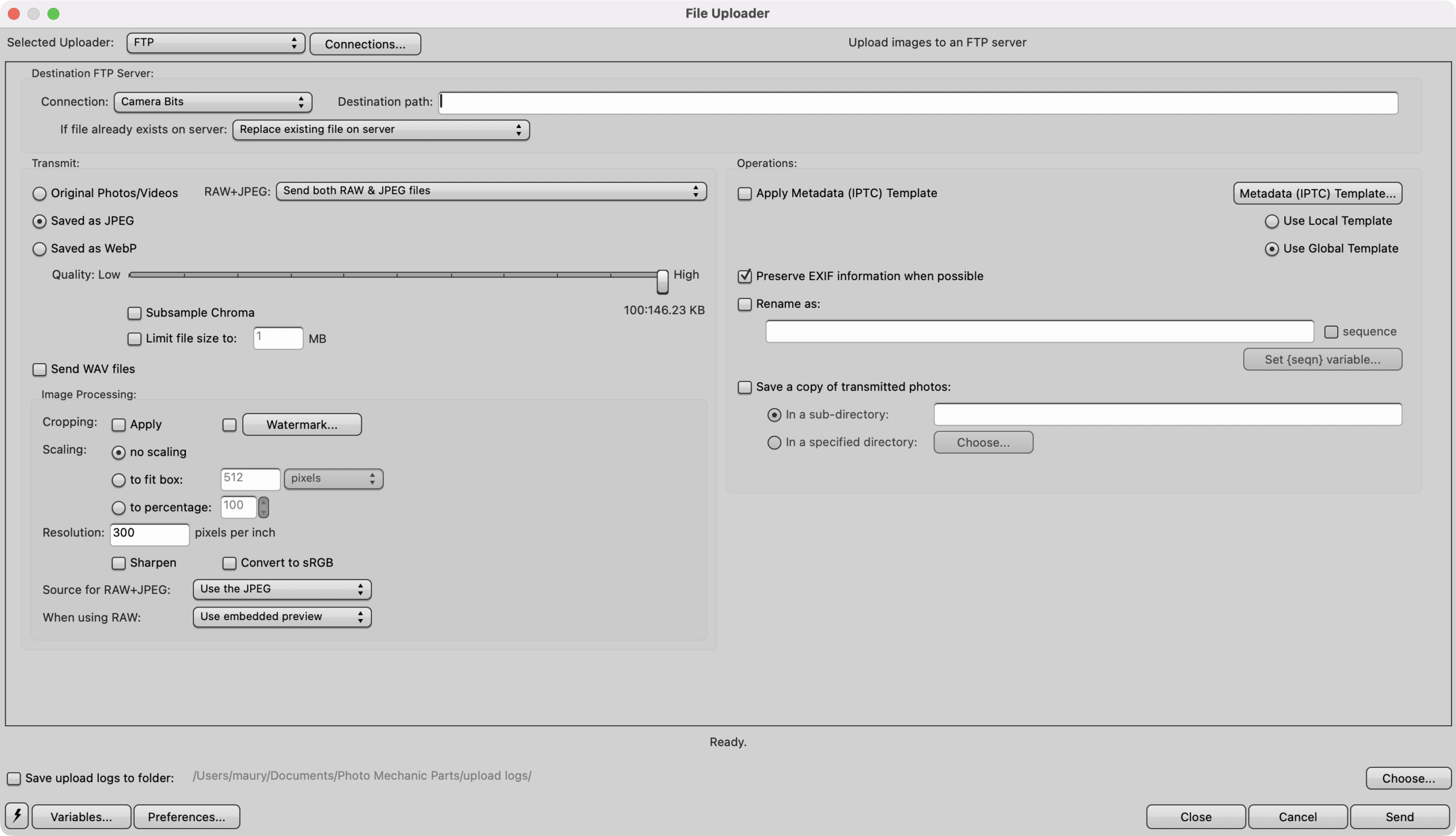 Диалог File Uploader с выбором сервиса, соединения и параметров передачи файлов