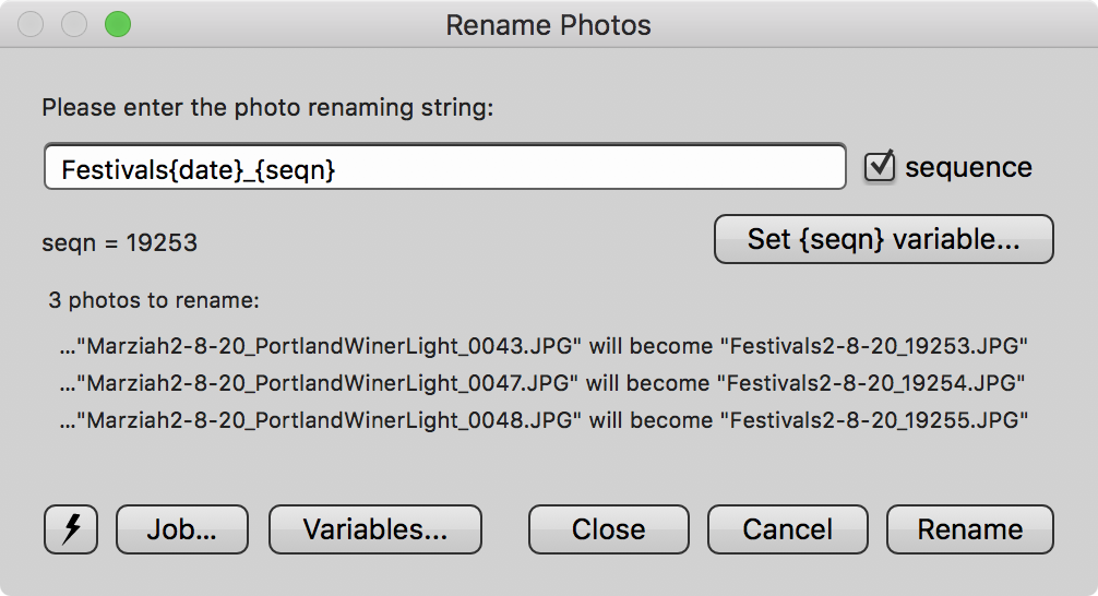 Диалог Rename Photos с шаблоном имени и настройками последовательной нумерации