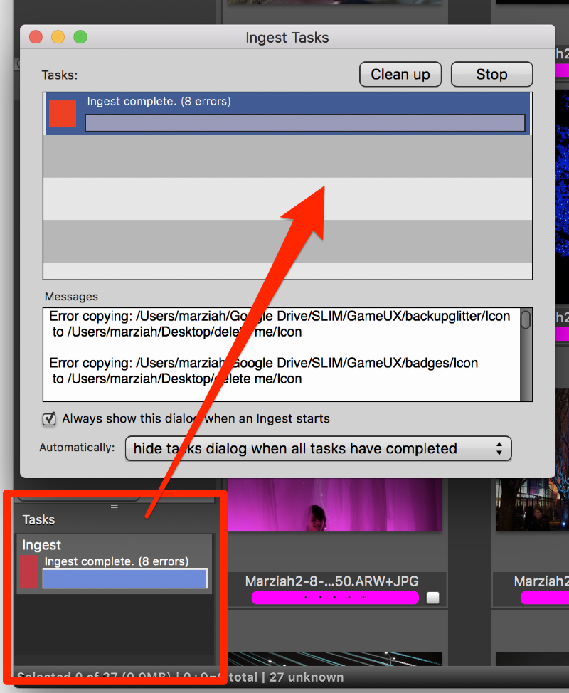 Панель Tasks Photo Mechanic со списком фоновых задач и состоянием операций