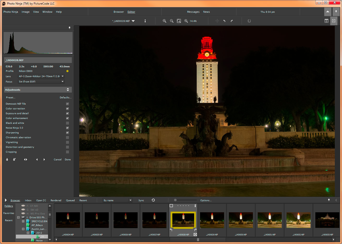 Полное окно Photo Ninja на Windows с ночным RAW, гистограммой, списком фильтров и лентой миниатюр