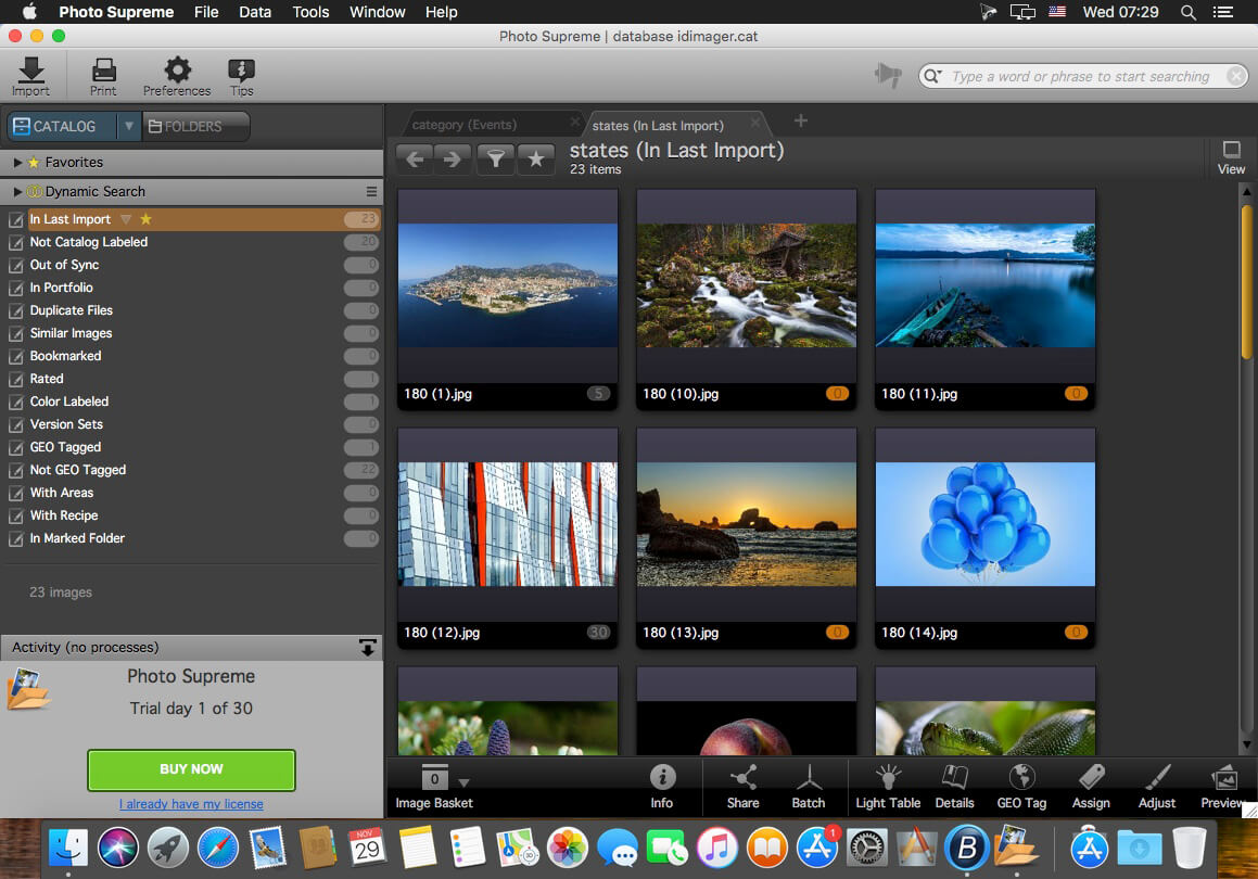 Photo Supreme на macOS с состоянием In Last Import и сеткой импортированных снимков