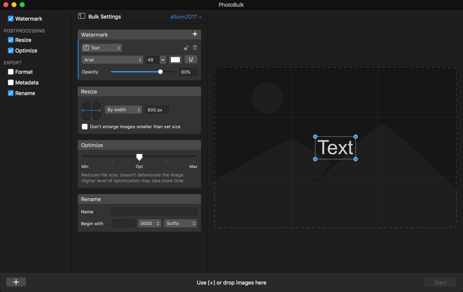 Пресет PhotoBulk с водяным знаком, Resize, Optimize и Rename в окне Bulk Settings
