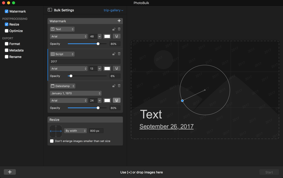 Пресет PhotoBulk с несколькими водяными знаками Text, Script и Datestamp и настройкой Resize