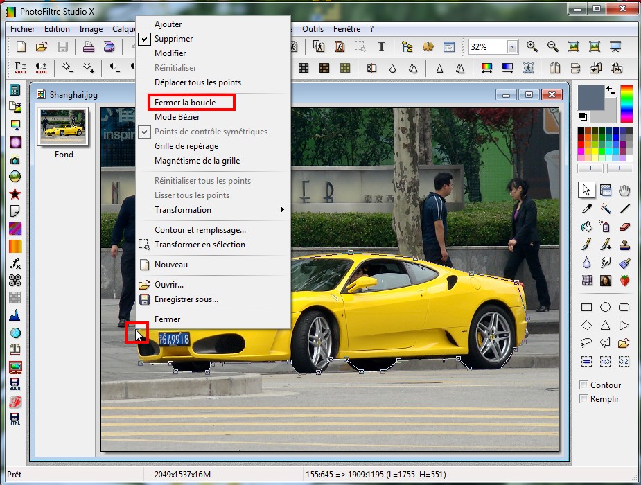 PhotoFiltre Studio X с контуром Bézier вокруг автомобиля и меню векторного пути