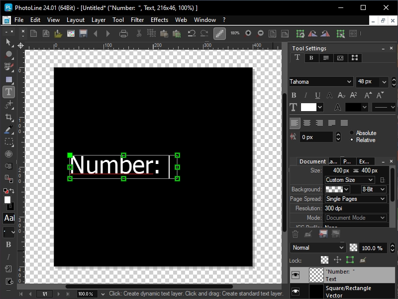 PhotoLine 24.01 с текстовым слоем Number, панелью Tool Settings и списком слоёв