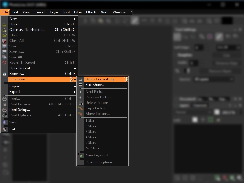 Меню File — Functions в PhotoLine с командой Batch Converting