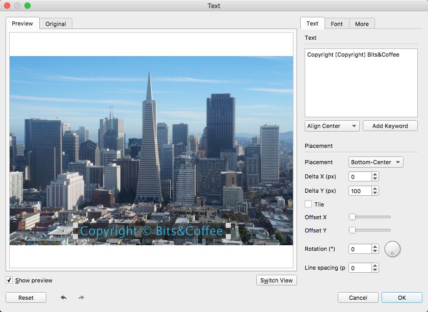 Настройки фильтра Text в PhotoMarks с текстом, положением, смещением, Tile и поворотом