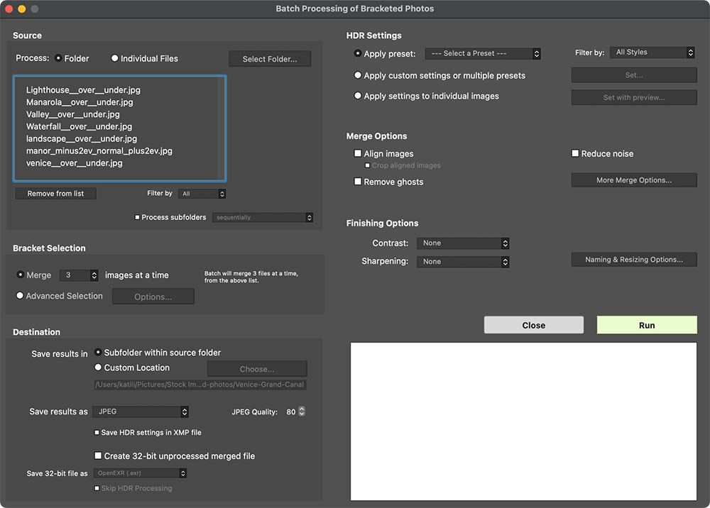 Окно Batch Processing of Bracketed Photos с выбором источника, пресета, Merge Options и параметров назначения