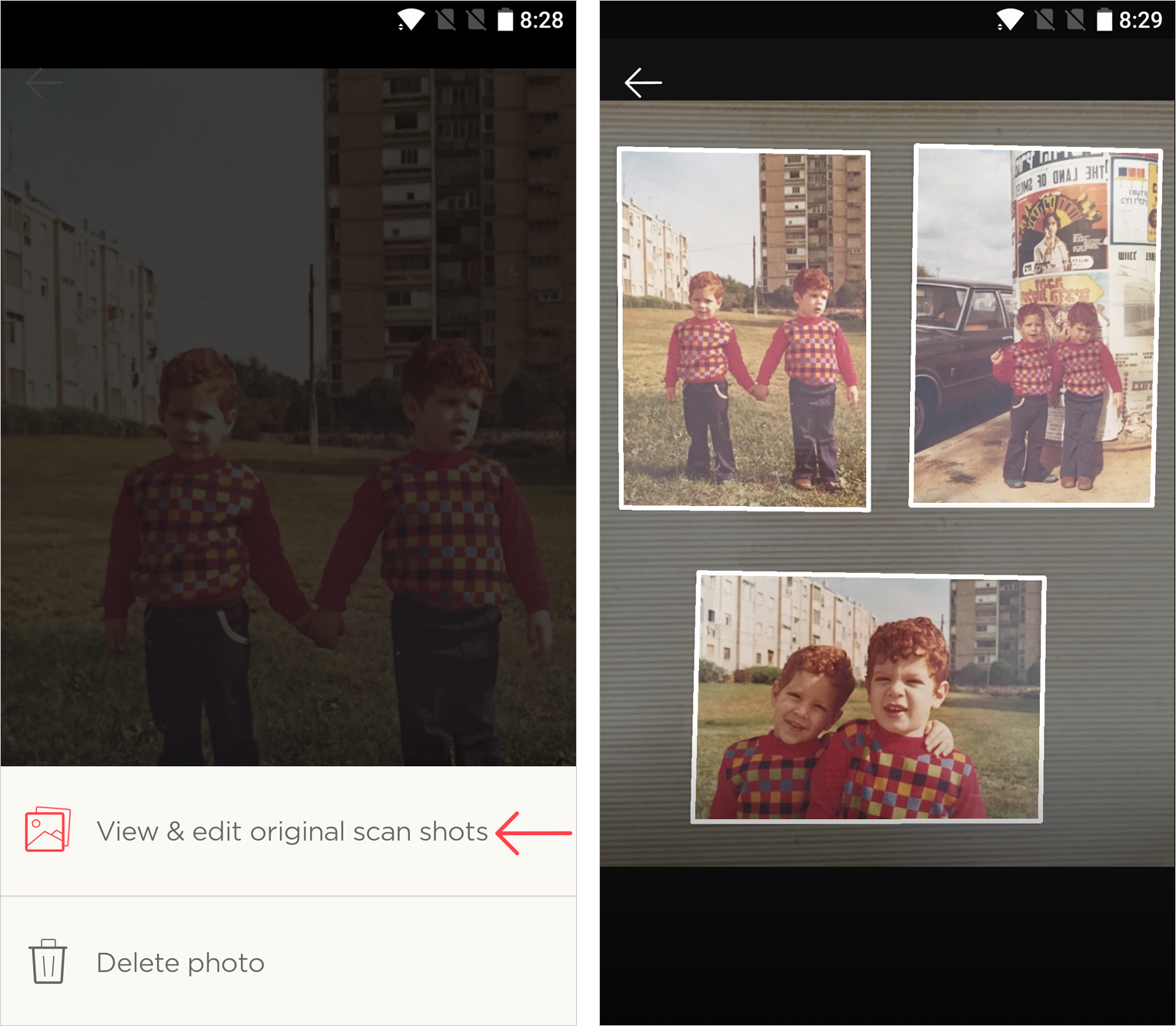 Исходный групповой скан и рамки автоматически распознанных фотографий