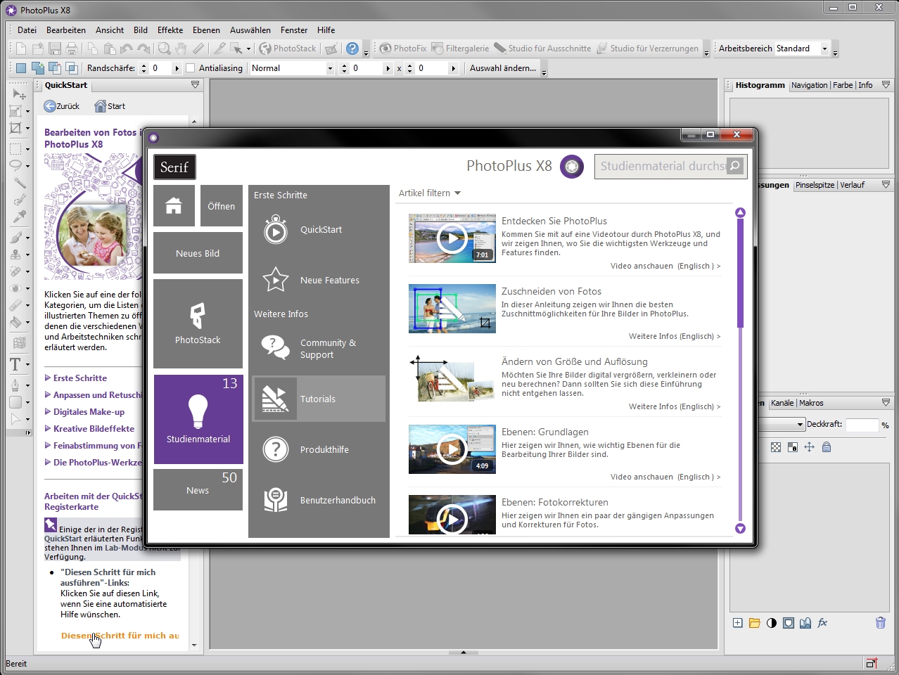 PhotoPlus X8: главное окно и Startup Assistant с разделами Open, New Image и PhotoStack