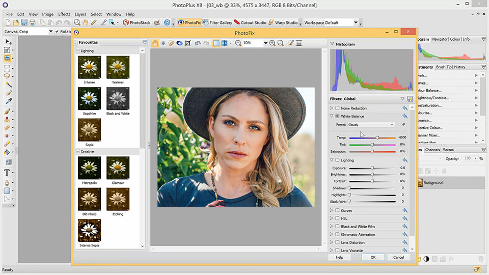 PhotoPlus X8: PhotoFix с пресетами, гистограммой, White Balance, Lighting и Curves