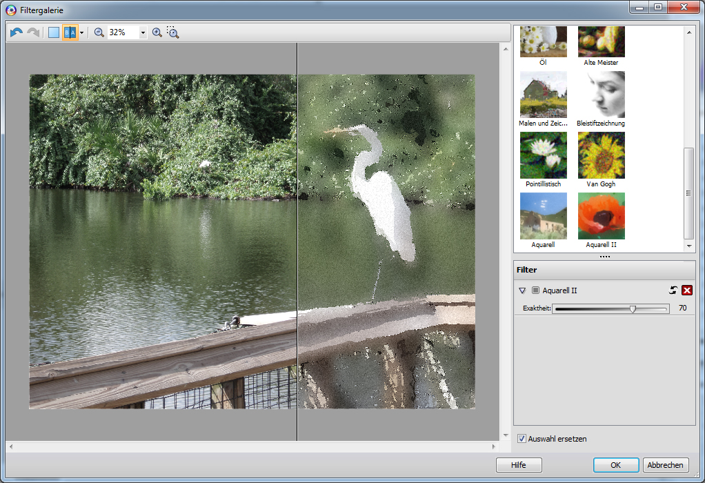 PhotoPlus X5: Filter Gallery с исходным кадром и предпросмотром фильтра Aquarell II