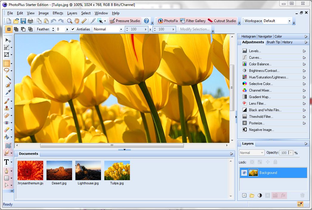PhotoPlus Starter Edition: главное окно с панелями Adjustments, Layers и несколькими открытыми фотографиями