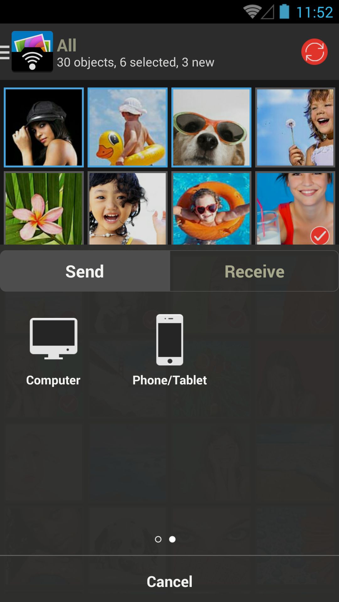Панель Send и Receive в PhotoSync на Android с целями Computer и Phone/Tablet