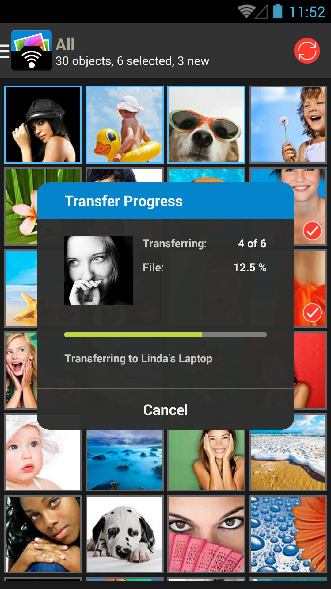 Окно Transfer Progress в PhotoSync на Android во время передачи фотографий