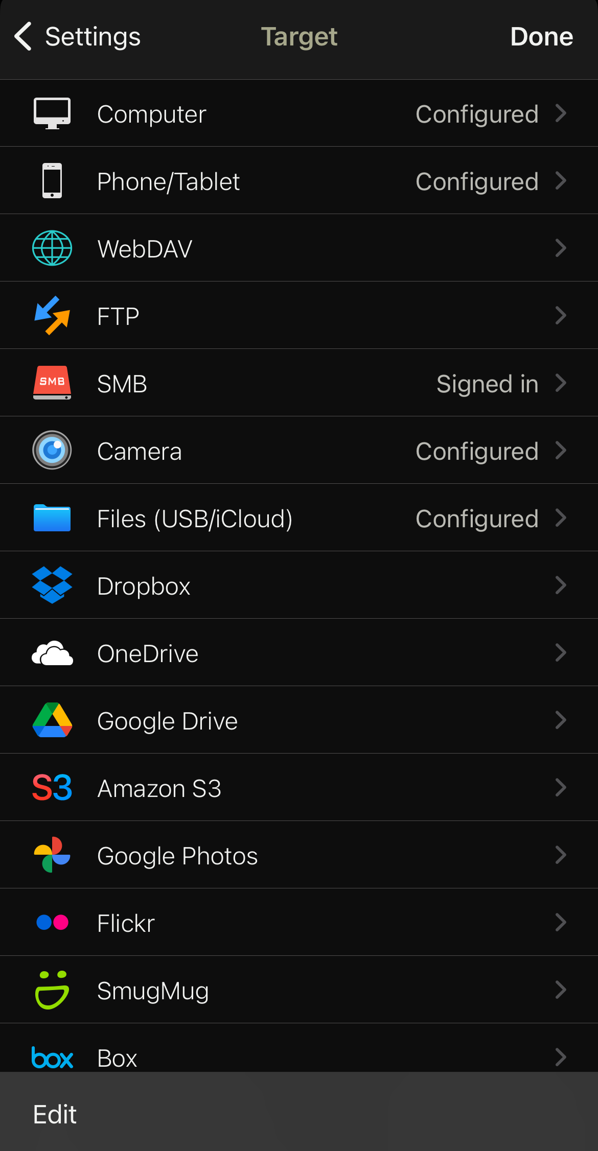 Список целей PhotoSync на iOS перед настройкой клиентского шифрования