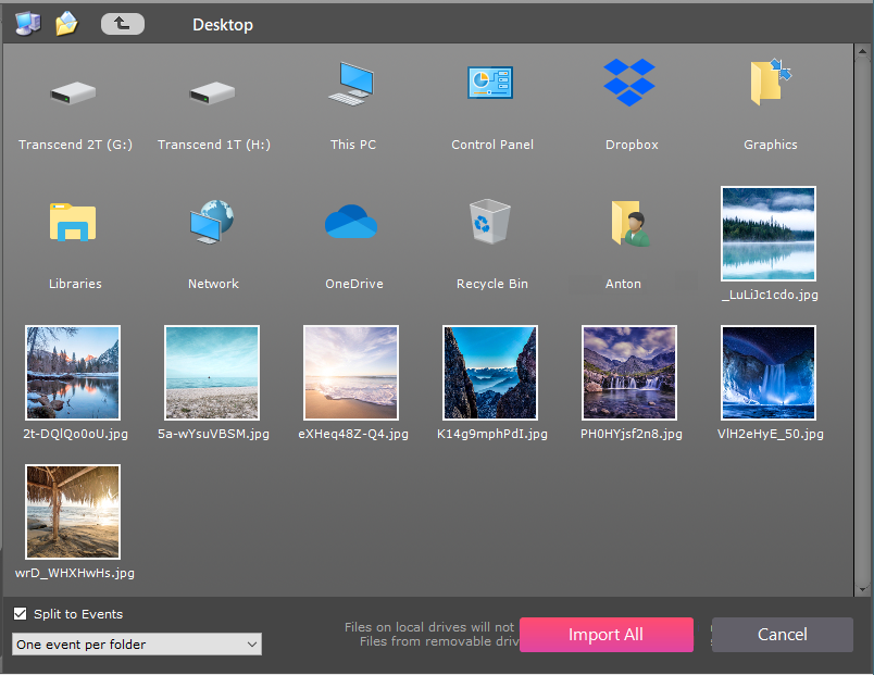 Диалог Import To Library в Phototheca с выбором папок, файлов и стратегии Split to Events