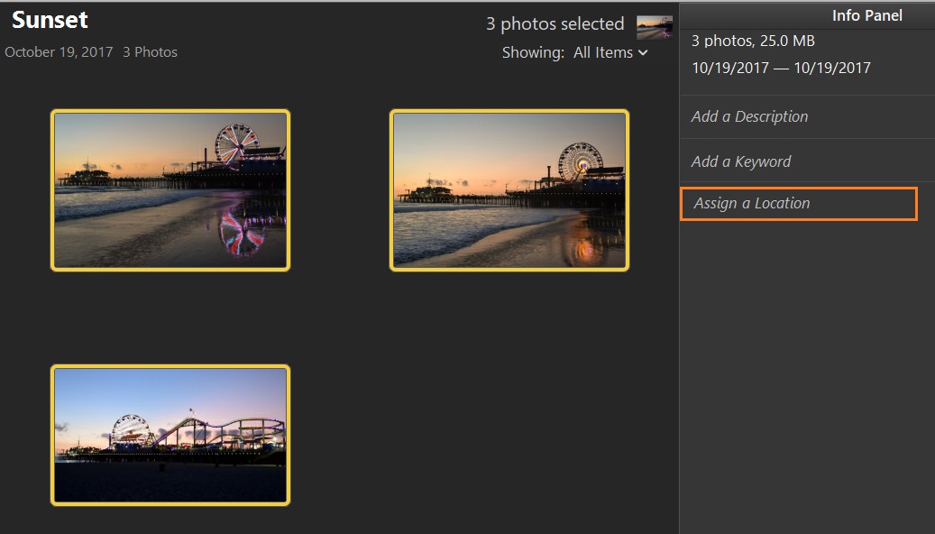 Выбранные фотографии в Phototheca и команда Assign a Location в панели Info Panel