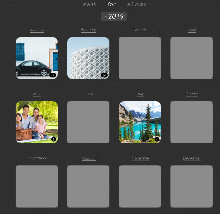 Годовой режим Calendar в Phototheca с ячейками месяцев и обложками фотографий