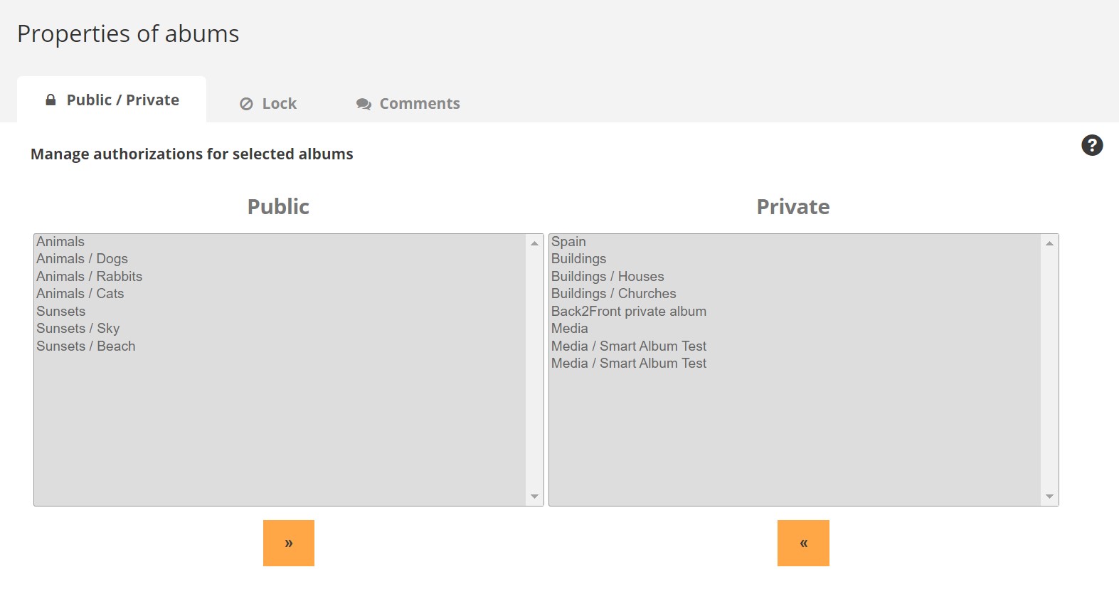Экран Properties of albums в Piwigo с разделением альбомов на Public и Private