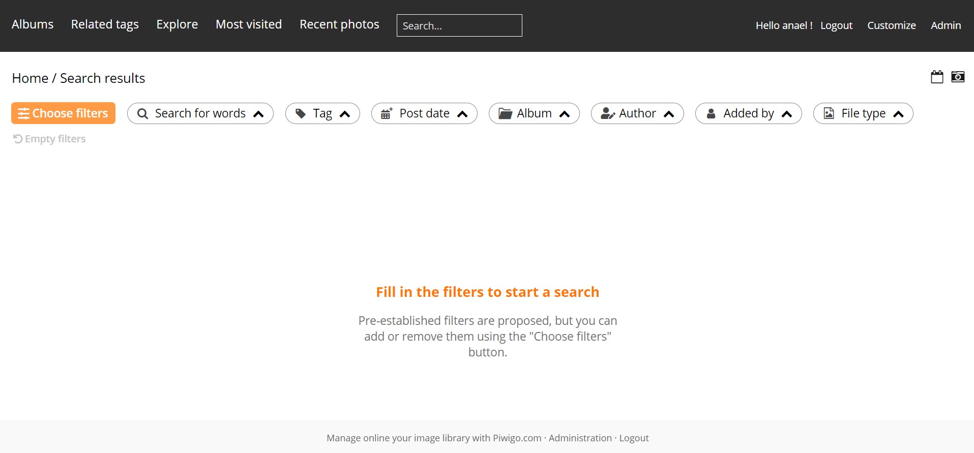 Страница поиска Piwigo с кнопкой Choose filters и фильтрами слов, тегов, даты, альбома, автора и типа файла