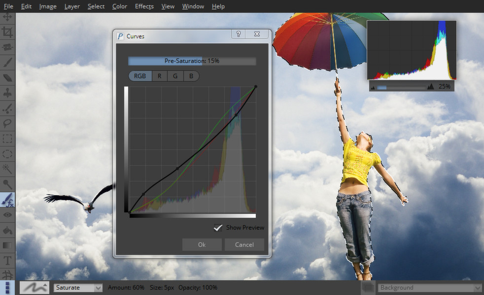 Диалог Curves в Pixeluvo с RGB-кривой, гистограммой и параметром Pre-Saturation