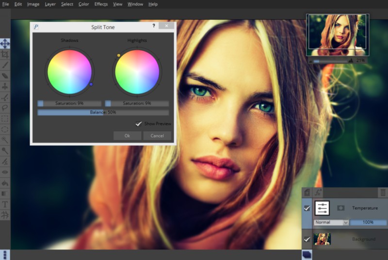 Диалог Split Tone в Pixeluvo с цветовыми кругами для теней и светов и регулятором Balance
