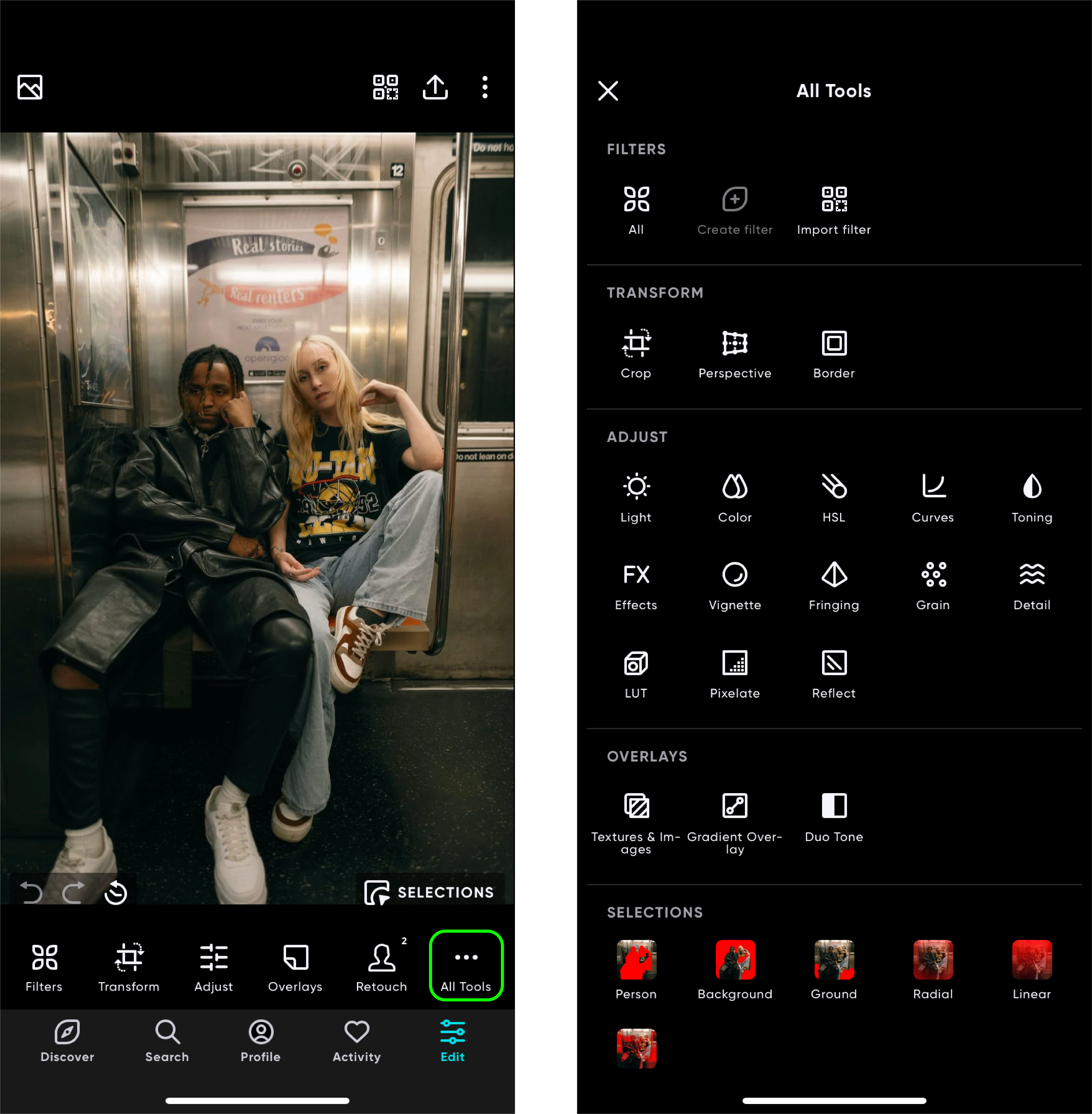 Экран All Tools в Polarr со списком Filters, Transform, Adjust, Overlays и Selections