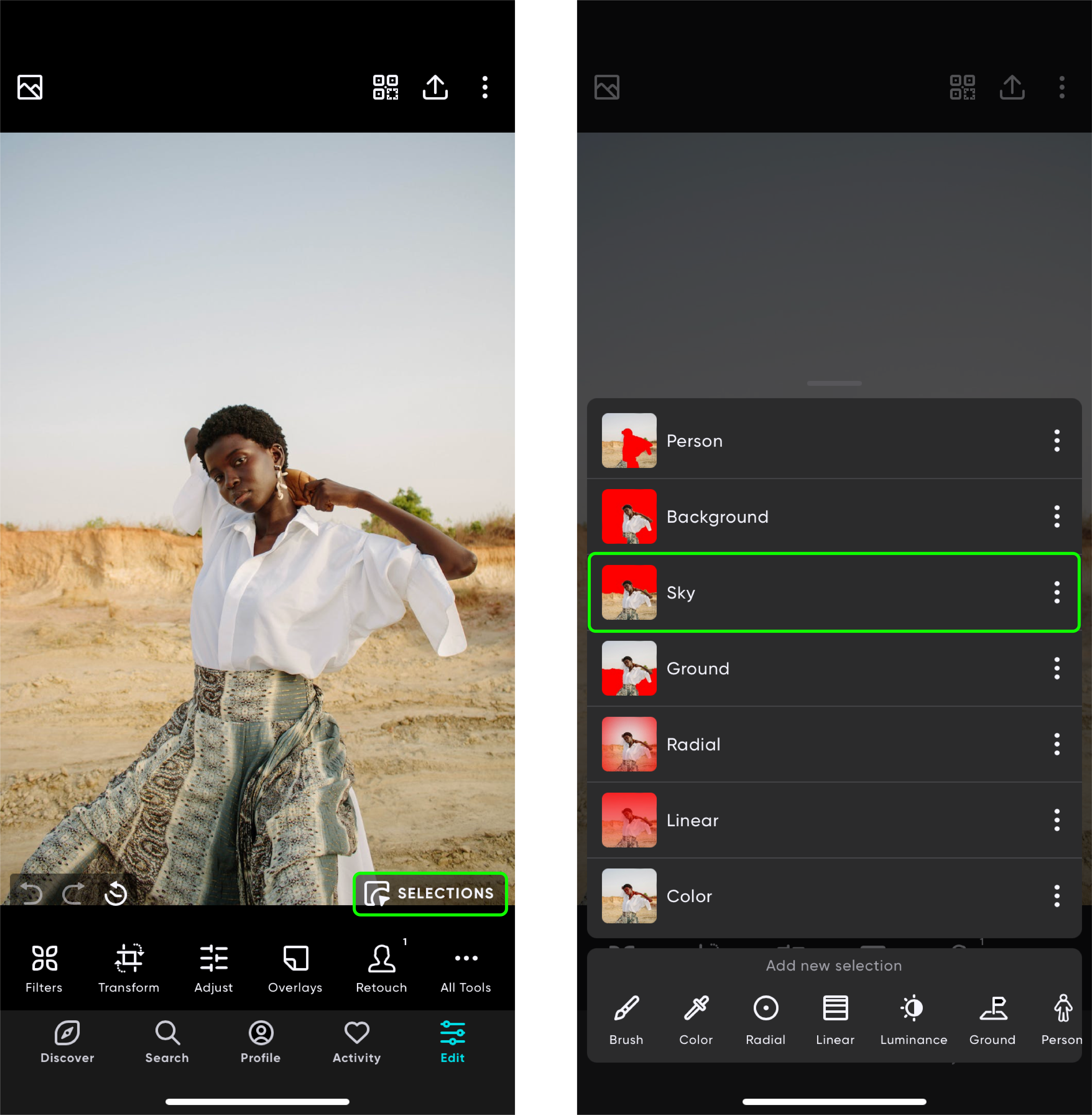 Панель Selections в Polarr с объектами Person, Background, Sky, Ground и ручными масками