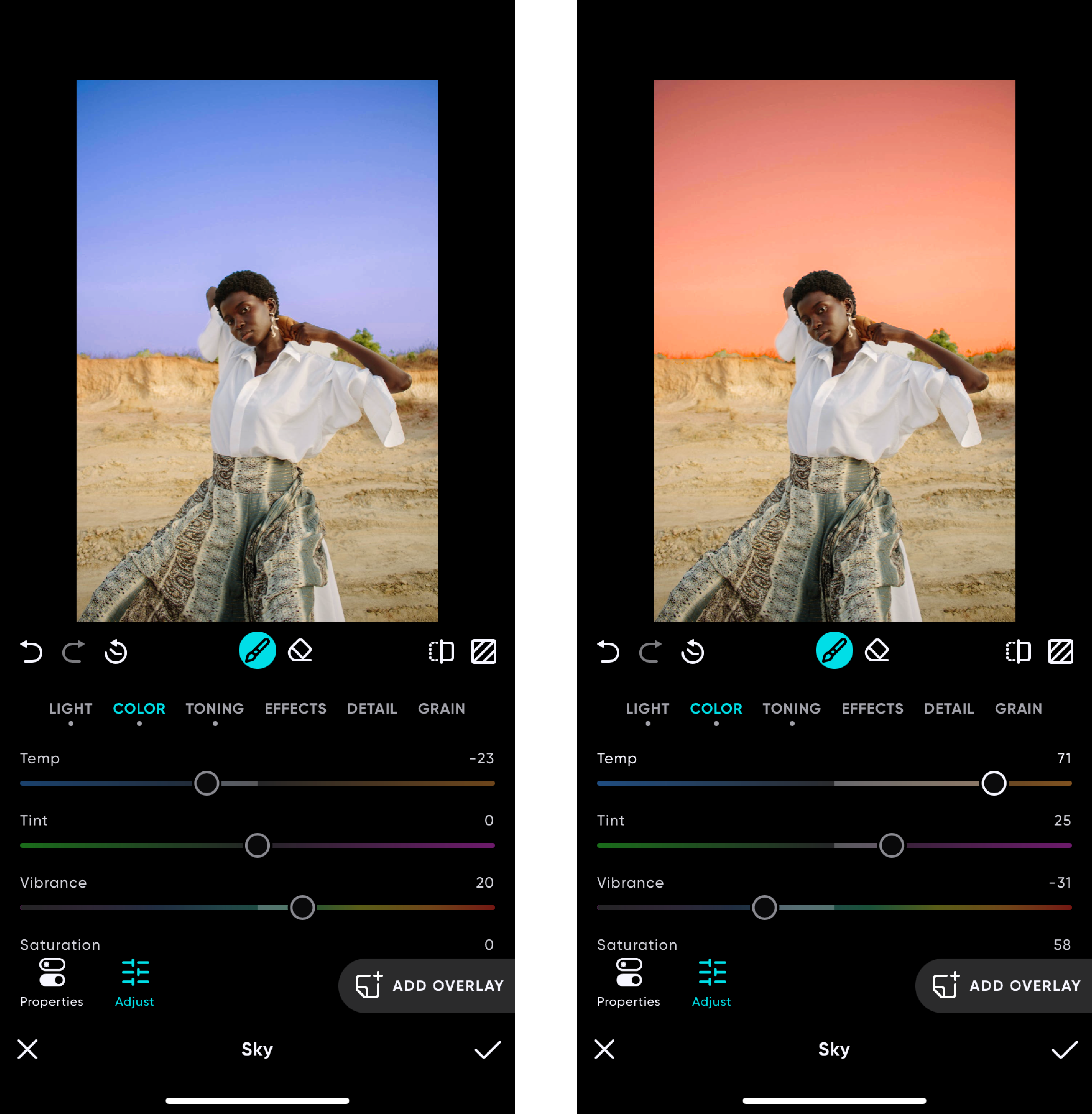 Коррекция цвета выбранного неба в Polarr с настройками Temp, Tint, Vibrance и Saturation