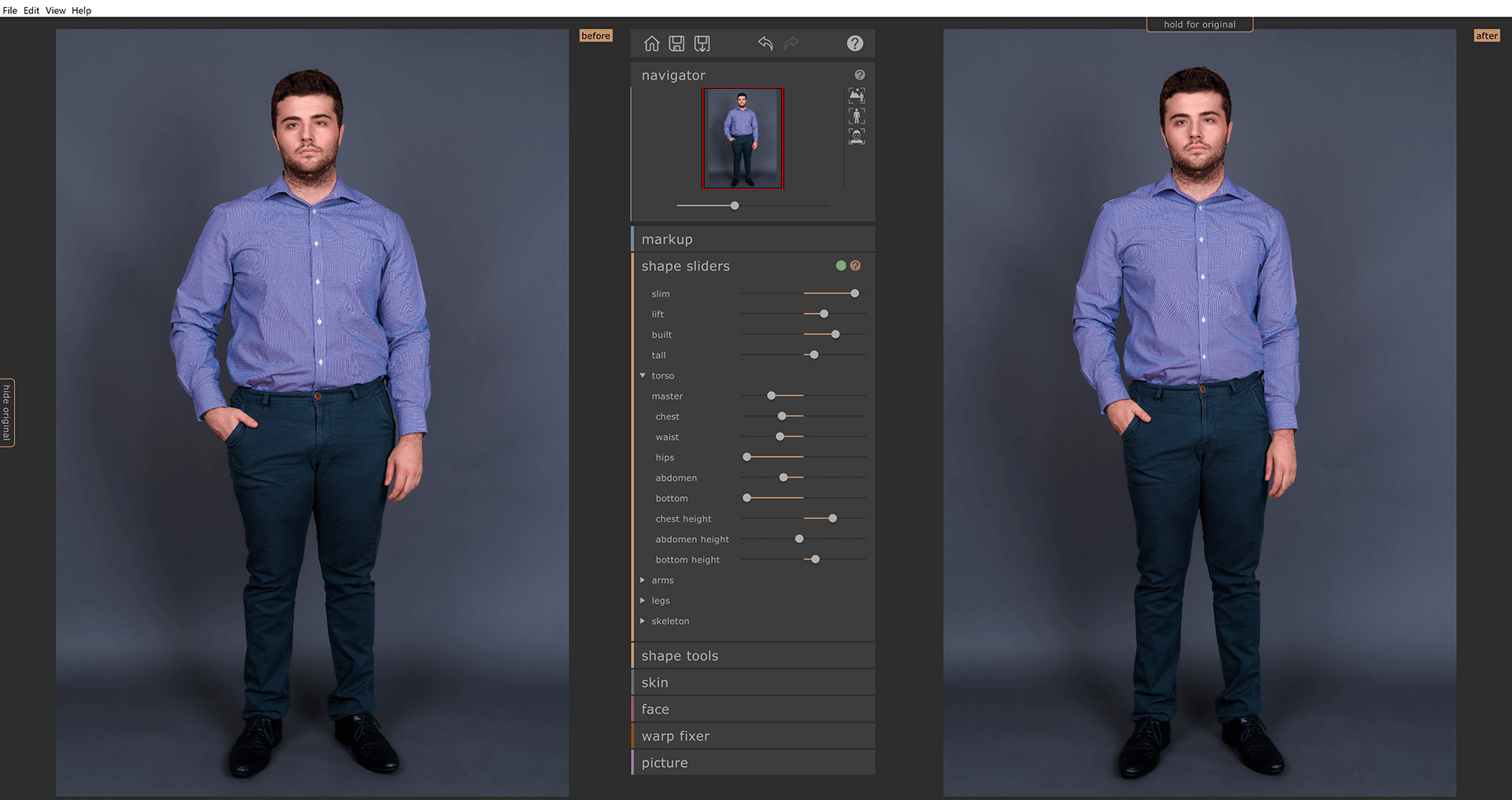 Сравнение до и после и раскрытая панель Shape Sliders с общими настройками фигуры и торса