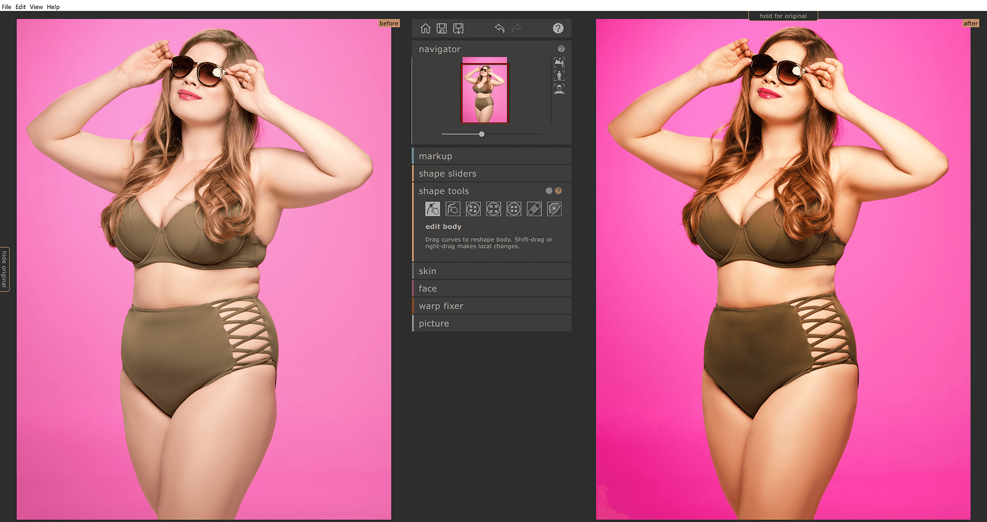 Рабочая область PortraitPro Body с режимом сравнения и панелью локальных Shape Tools