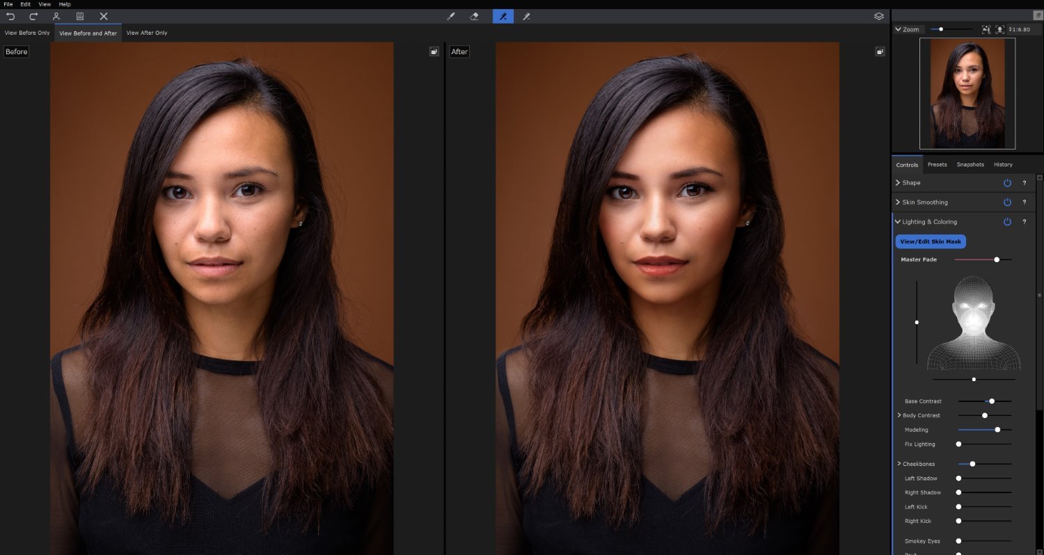 Рабочая область PortraitPro 23 с портретом в режиме сравнения до и после