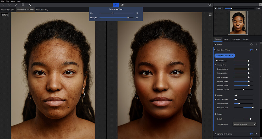 PortraitPro 24 с Touch-up Tool и открытыми параметрами Skin Smoothing