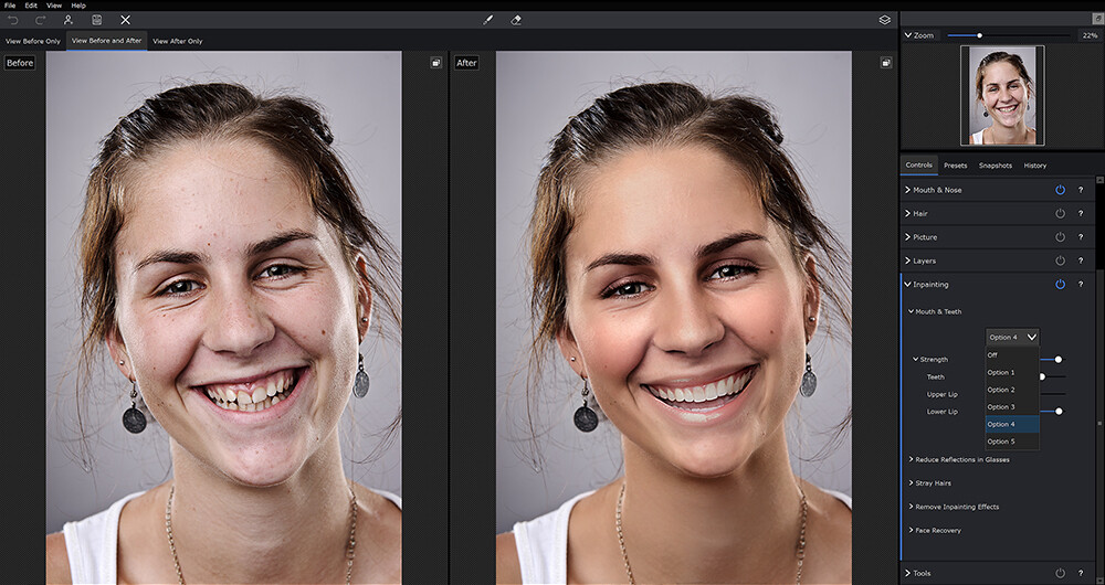 PortraitPro 24 с открытым Inpainting для Mouth and Teeth и вариантами улыбки